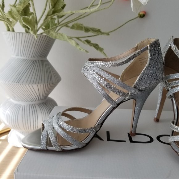 Aldo Silver Strappy Leather Heeled Sandals - Picture 3 of 7